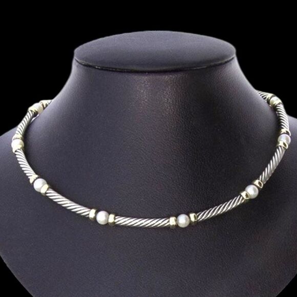 DAVID YURMAN Jewelry14k Gold Sterling Silver Hampton Cable Pearl Station 15” Cho - Picture 1 of 9